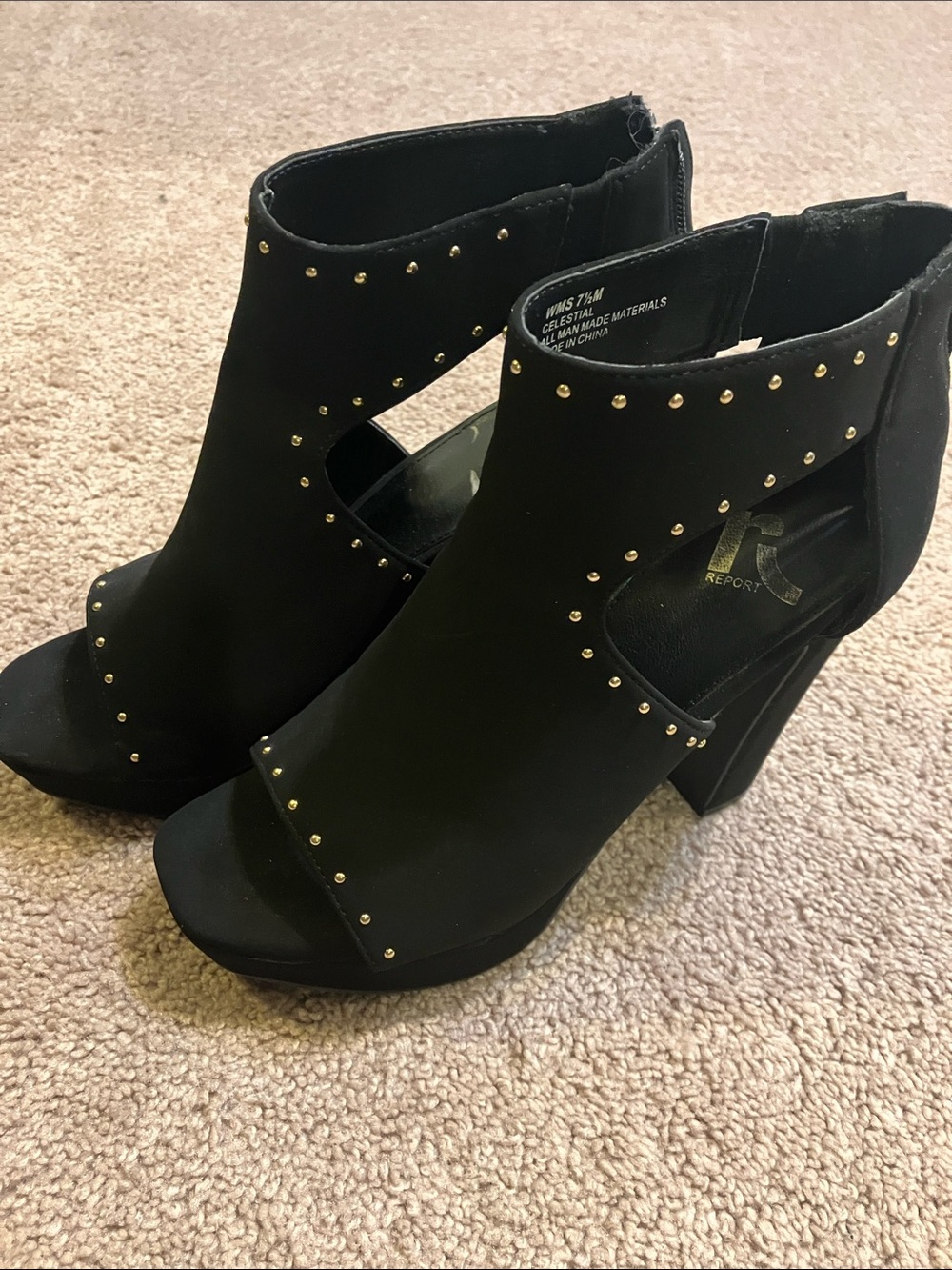 Report Black Peep-Toe Cutout Block Heel Booties with Gold Studs